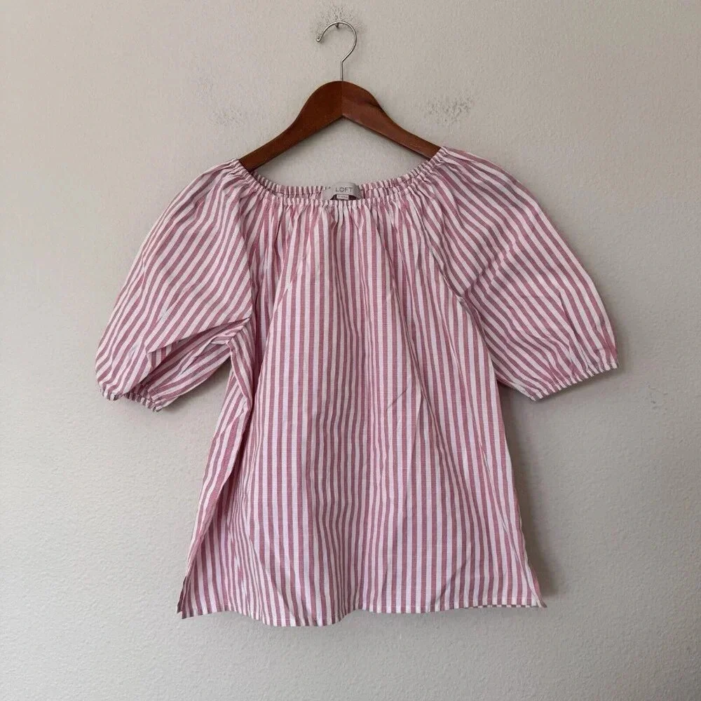 LOFT Off The Shoulder Puff Short Sleeve Blouse Top Striped Pink White Small P